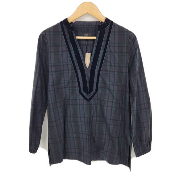 New J Crew Womens Velvet Trimmed V-Neck Tunic Top in Black Watch Tartan Size XS - Picture 2 of 5